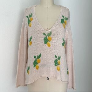 Wooden Ships Lemon Print V-Neck Sweater NWT Cotton Blend Cream Yellow Green S/M